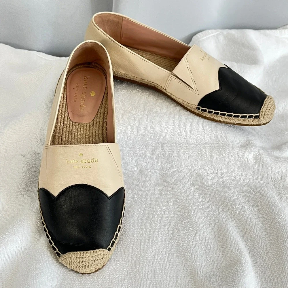 Kate Spade Garden Espadrille Flats Womens Bare Black Leather Resort Parisian